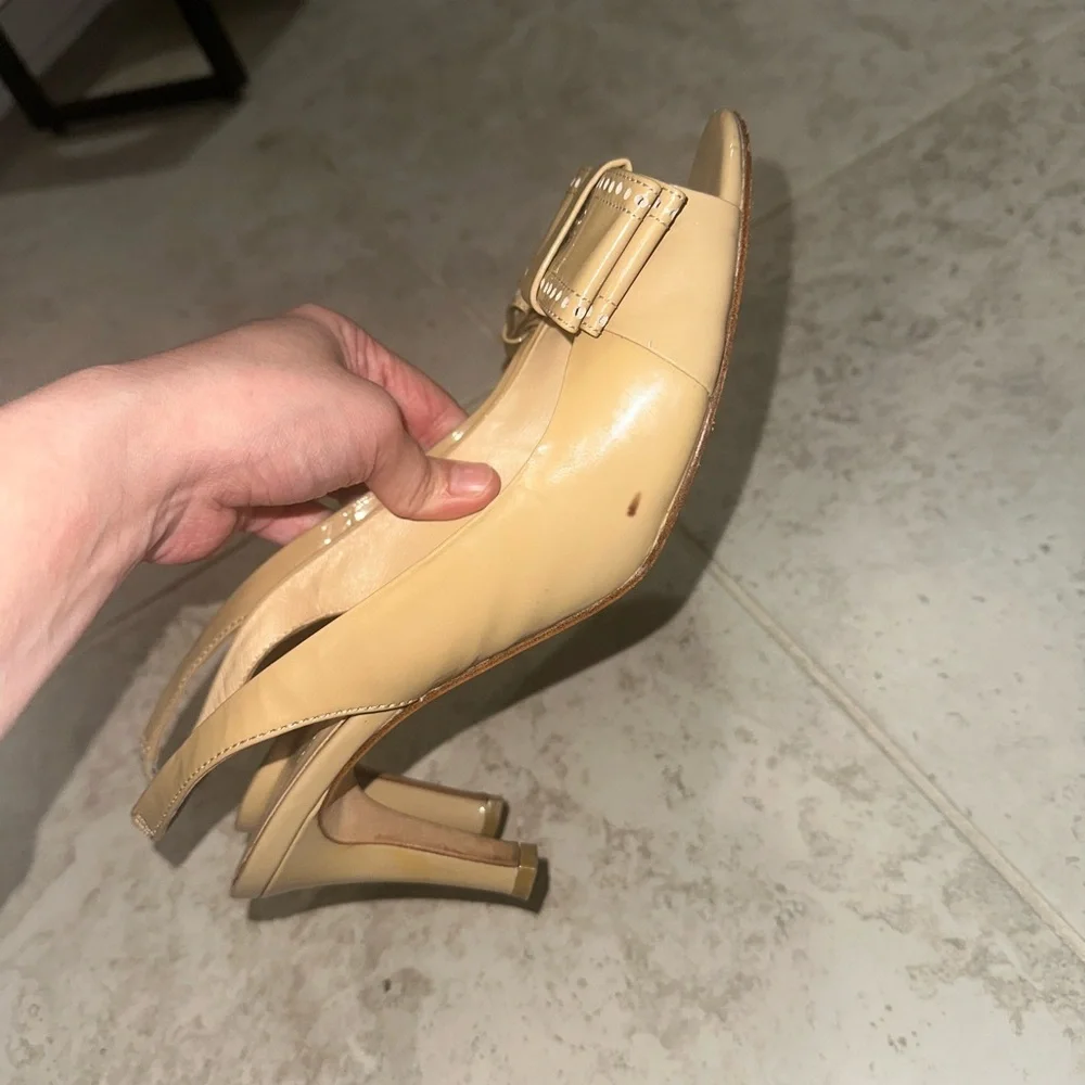 Kate Spade Women's Tan Patent Leather Slingback Bow Open Toe Stiletto‎ Heels 8